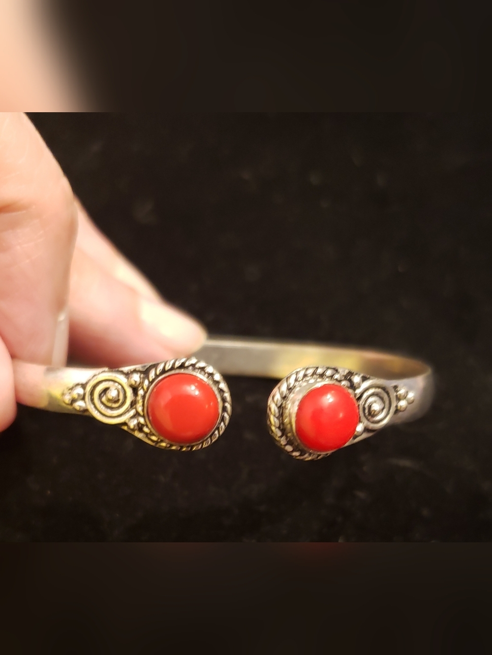 Red Coral & Silver Plated Adjustable Bangle Bracelet.The Perfect Red! Bundle It! - Picture 5 of 5